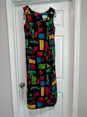 Vintage Black Maxi Dress with Multicolor Abstract Print